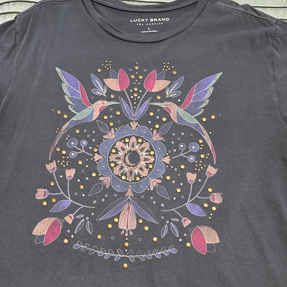 Lucky Brand Dark Tee with Colorful Hummingbird and Floral Design
